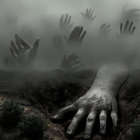 Mysterious giant stone-like hands in foggy scene