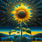 Colorful sunflower painting against starry night sky and luminous horizon