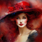 Vivid red and dark hues with a woman in a hat and red lips