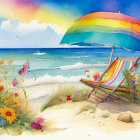 Vibrant beach scene with colorful umbrella, chair, flowers, ocean, and sky