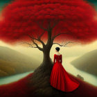 Woman in Red Dress Blending with Red-Leaved Tree in Serene Valley