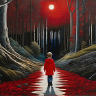 Child in red coat in magical forest with falling red leaves and glowing moon.