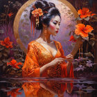 Illustrated Woman in Ornate Orange Dress with Floral Hair Accessories