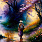 Person in straw hat walking along vibrant flower-lined river path