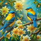 Colorful birds on branch with flowers and insect in vibrant illustration