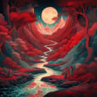 Red forest with river, mountains, moonlit sky, and cloaked figures