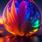 Colorful digital artwork: reflective sphere, intricate patterns, feather-like leaves, twilight sky