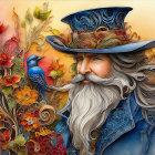 Illustration of man with flowing beard, blue hat, vibrant flowers, and bluebird.