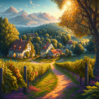 Rural landscape with vineyard, cottages, trees, and mountains at sunset