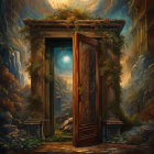 Ornate open door transitions rocky landscape to starry night sky