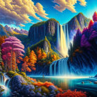 Colorful Fantasy Landscape with Waterfalls and Autumn Trees