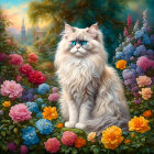 Fluffy cat with blue eyes in colorful garden with castle view