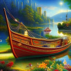 Ornate boat on tranquil river with vibrant flowers and mystical castle at twilight