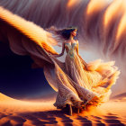 Woman in Golden Gown and Headdress Stands in Desert