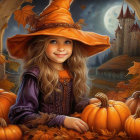 Young witch in orange hat among pumpkins with moonlit castle - Halloween scene