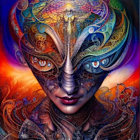 Colorful digital artwork of female figure with ornate swirling hair and mechanical eye