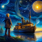 Boy on Lakeshore at Night Gazes at Illuminated Steamboat and Celestial Scene