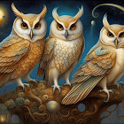 Three intricate patterned owls on branch under night sky.