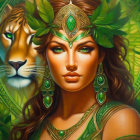 Woman with green eyes in leaf attire and lion blend, exuding mystical regal vibe