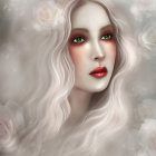 Pale woman with red eyes and lips in misty background portrait.