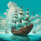 Surreal illustration: ornate sailing ships on teal ocean