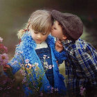 Young boy kissing girl on cheek in blue outfits with dreamy background