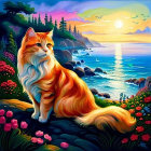 Cat sitting by colorful flower bed with ocean sunset and cliffs