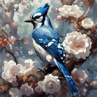 Blue jay in white flower garden with soft light filtering through.