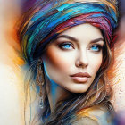 Colorful Turban Woman Portrait with Striking Blue Eyes