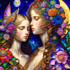 Ethereal women with floral adornments embracing under celestial sky