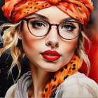 Stylized portrait of woman with glasses, red lipstick, headscarf, and leopard print against