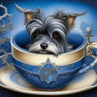 Stylized illustration of a small dog in a silver and blue bow in an ornate teac