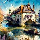 European town scene with ornate buildings, stone bridge, boat, and birds in clear sky