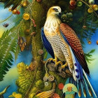 Majestic falcon on vibrant forest branch with lush greenery