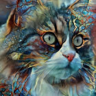 Fluffy gray tabby kitten with blue eyes and pink nose in digital painting