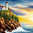 Scenic lighthouse on rocky coast at sunset