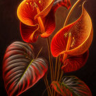 Three vibrant red calla lilies on dark background