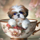 Fluffy puppy with blue eyes in ornate teacup with pink flowers and gold accents