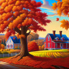 Vibrant red house and autumn foliage in scenic image