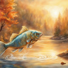 Large Fish Leaping Above Autumnal River with Golden Trees