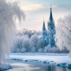 Fantasy winter landscape with castle, heart sculpture, patterned trees, and serene lake