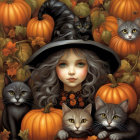 Curly-haired girl with pumpkins, cats, and autumn leaves scene