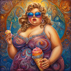 Curly blond woman with sunglasses holding ice cream cones