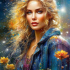 Digital painting: Woman with golden hair and blue eyes in mystical, starry setting