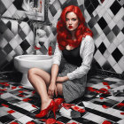 Stylized image: Woman with red hair near bathtub and rose petals