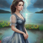 Illustrated woman in blue gown by stormy lake with lightning and flowers