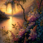 Tranquil sunset scene with blooming flowers by serene riverbank