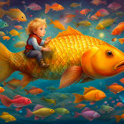 Child riding giant goldfish in vibrant underwater scene