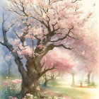 Tranquil painting of blossoming cherry tree in soft sunlight