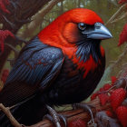 Colorful Bird with Red Head and Black Wings Perched Among Red Berries